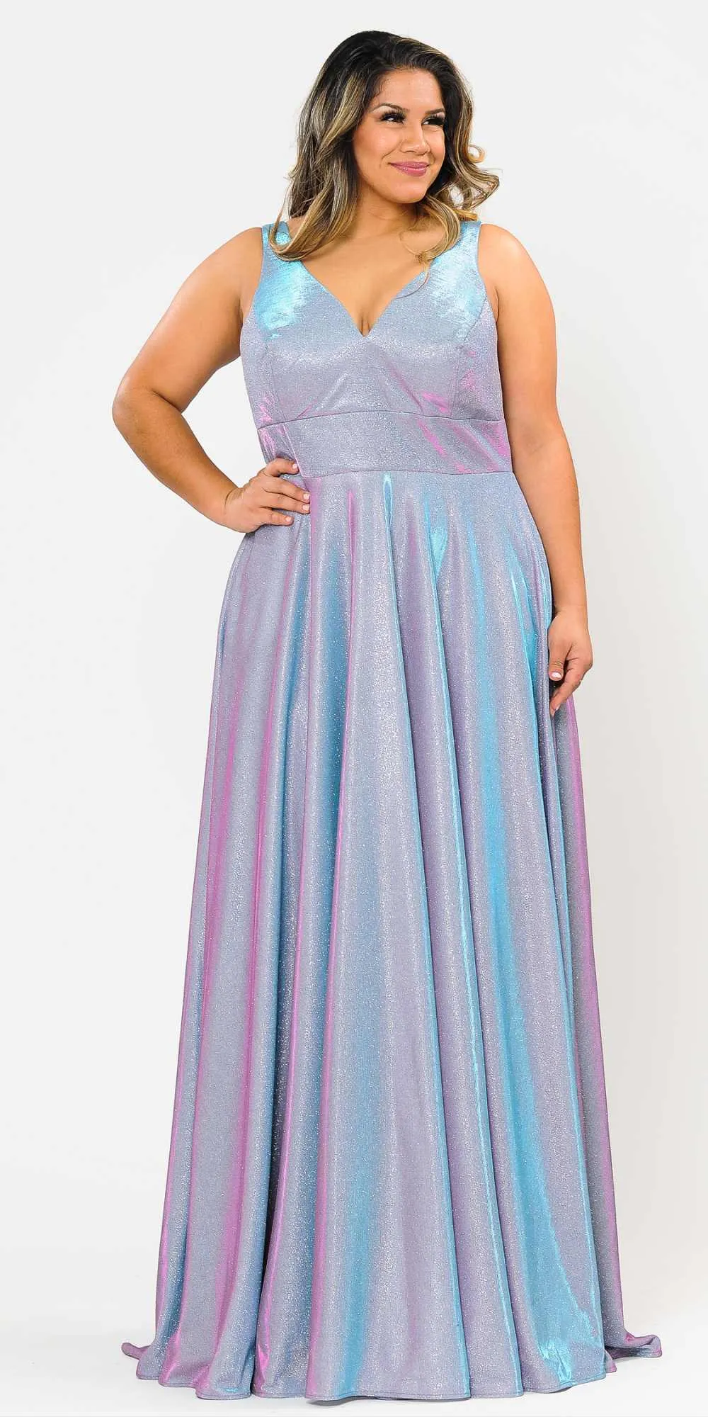 Lindas W1036 Floor Length Iridescent Glitter Knit V-Neck Plus Size Dress