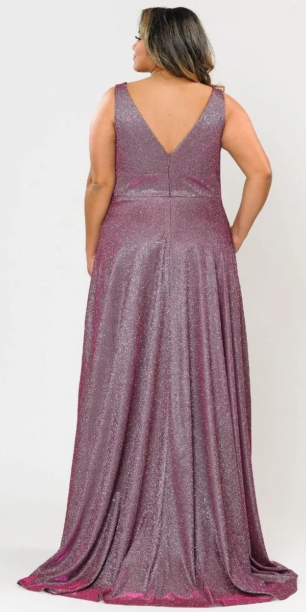 Lindas W1036 Floor Length Iridescent Glitter Knit V-Neck Plus Size Dress