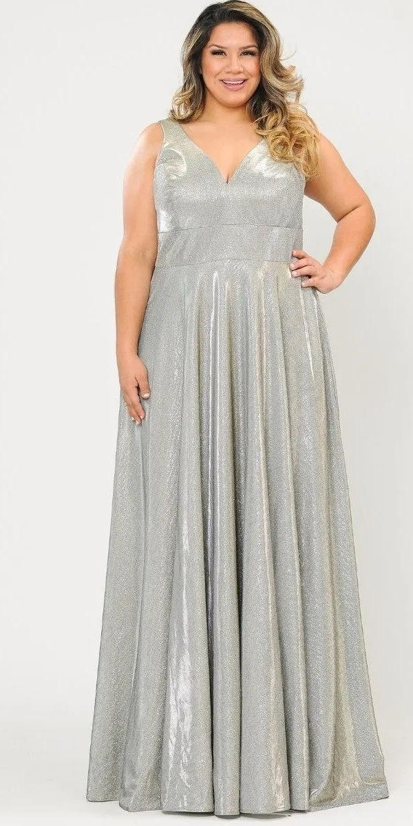 Lindas W1036 Floor Length Iridescent Glitter Knit V-Neck Plus Size Dress