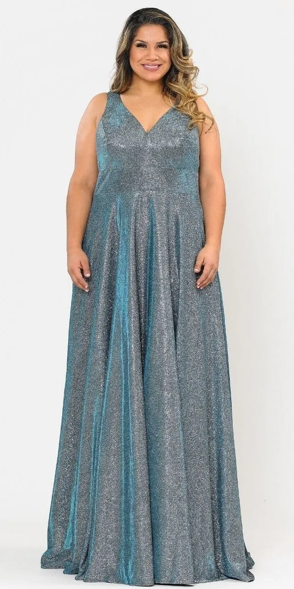 Lindas W1036 Floor Length Iridescent Glitter Knit V-Neck Plus Size Dress