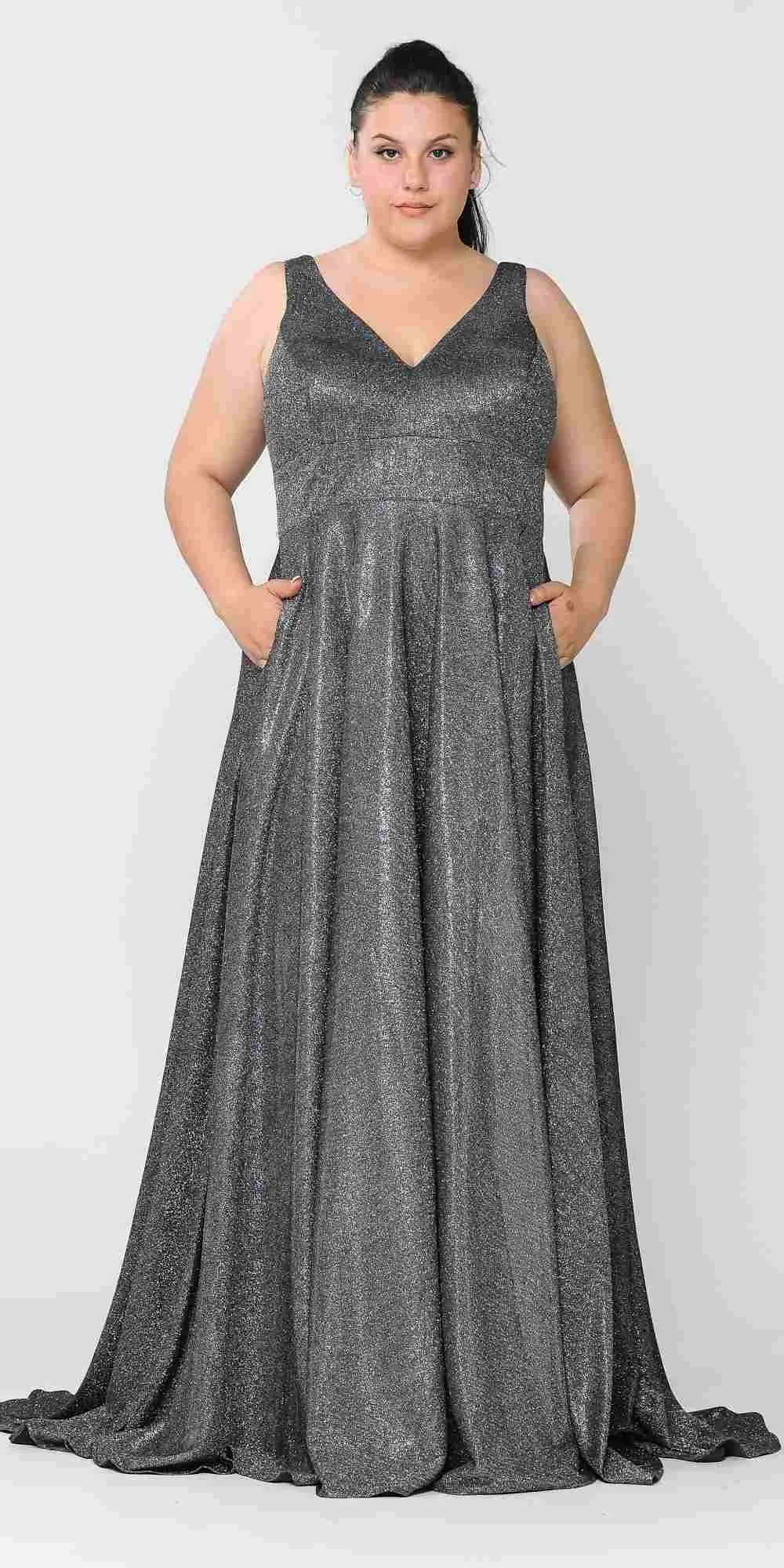 Lindas W1036 Floor Length Iridescent Glitter Knit V-Neck Plus Size Dress