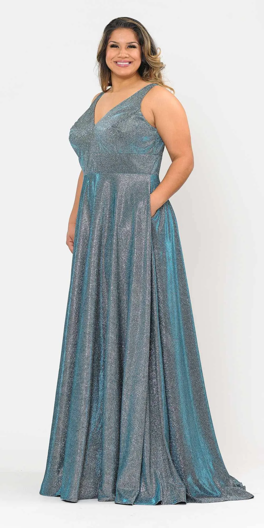 Lindas W1036 Floor Length Iridescent Glitter Knit V-Neck Plus Size Dress
