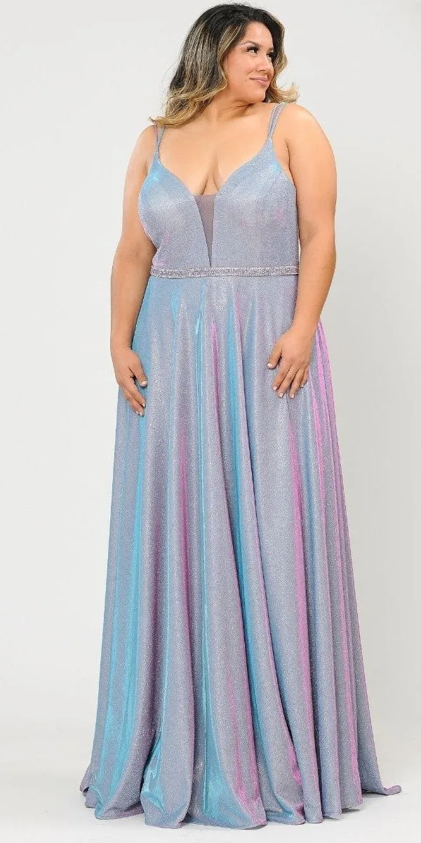 Lindas W1048 Deep Illusion V-Neck Floor Length Iridescent Dress