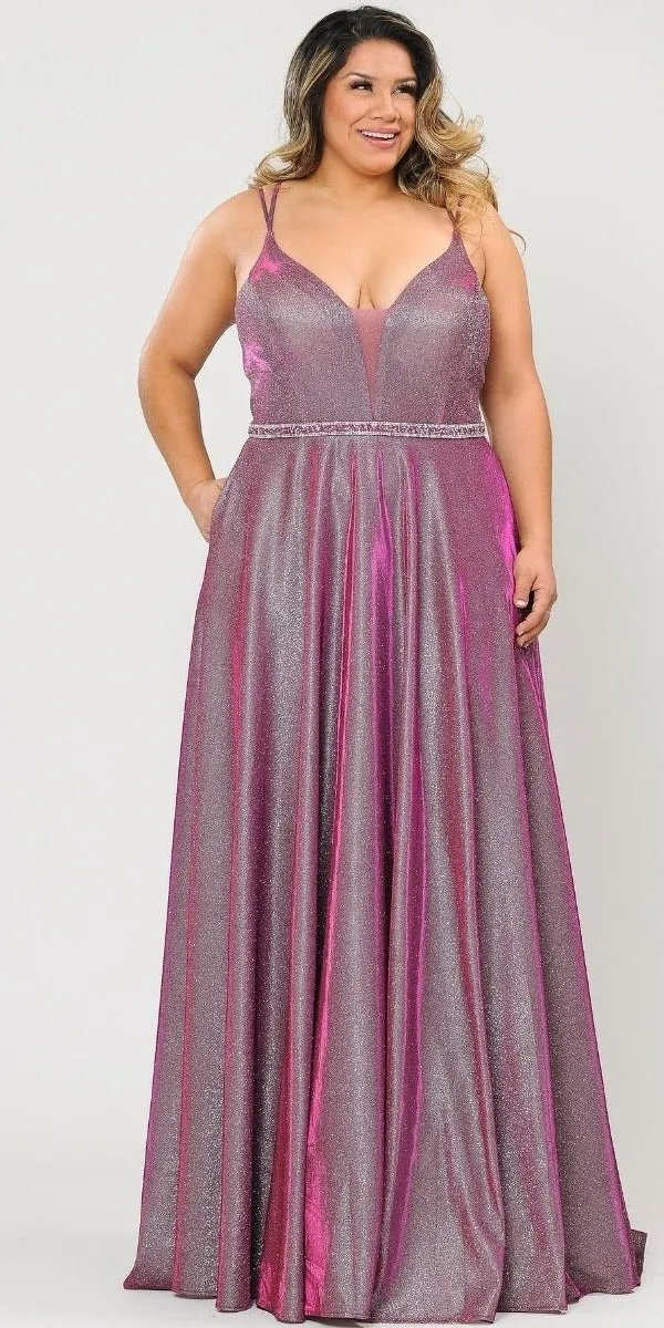 Lindas W1048 Deep Illusion V-Neck Floor Length Iridescent Dress