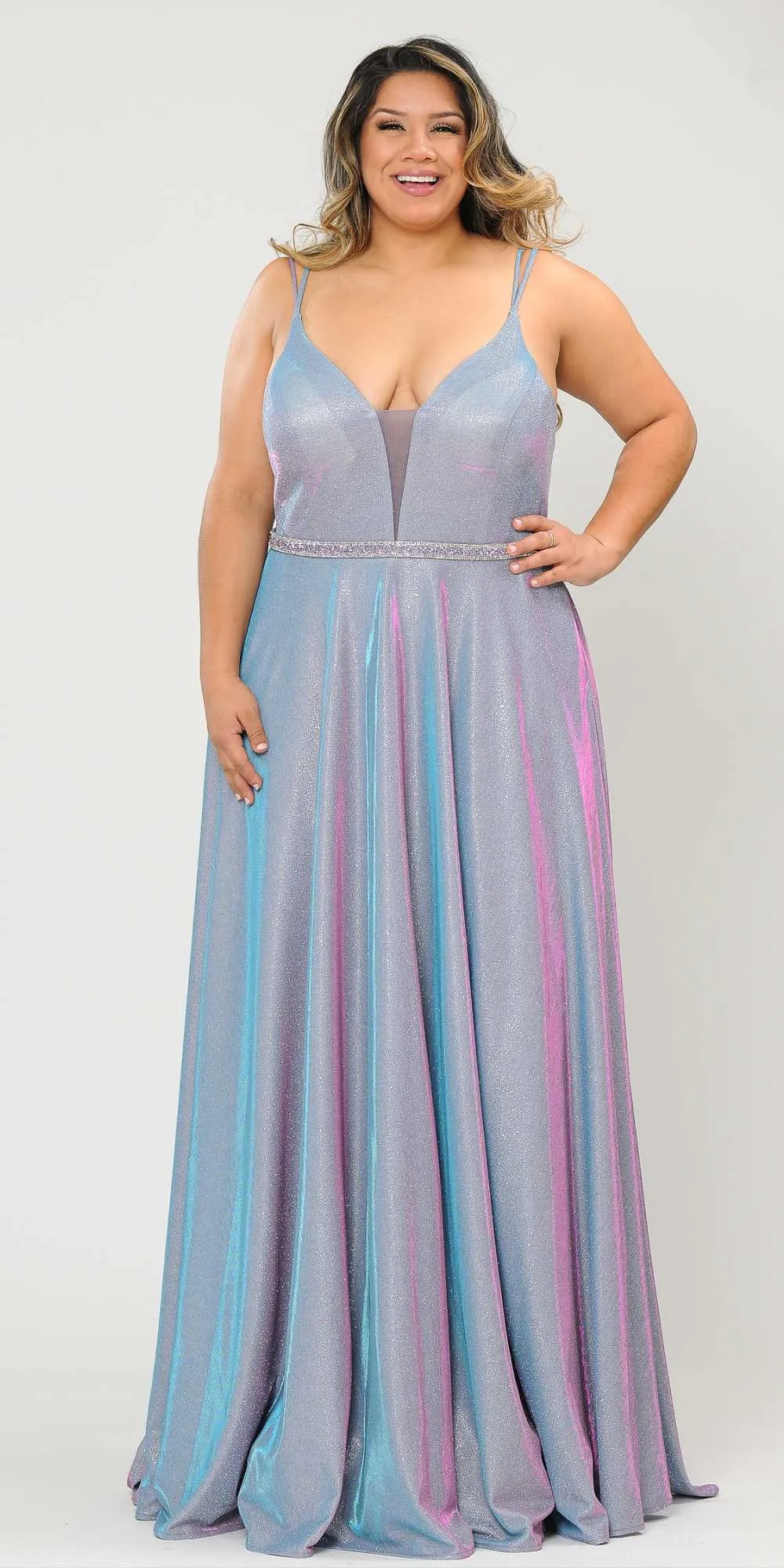 Lindas W1048 Deep Illusion V-Neck Floor Length Iridescent Dress