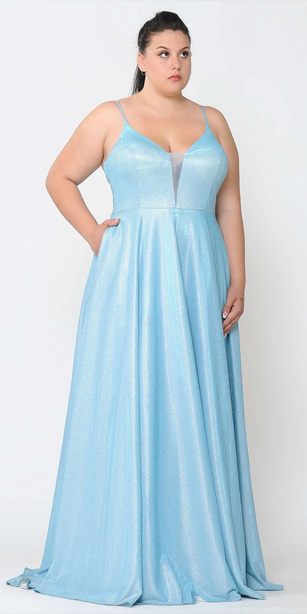 Lindas W1048 Deep Illusion V-Neck Floor Length Iridescent Dress