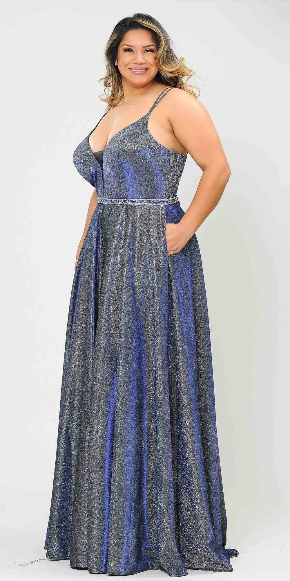 Lindas W1048 Deep Illusion V-Neck Floor Length Iridescent Dress