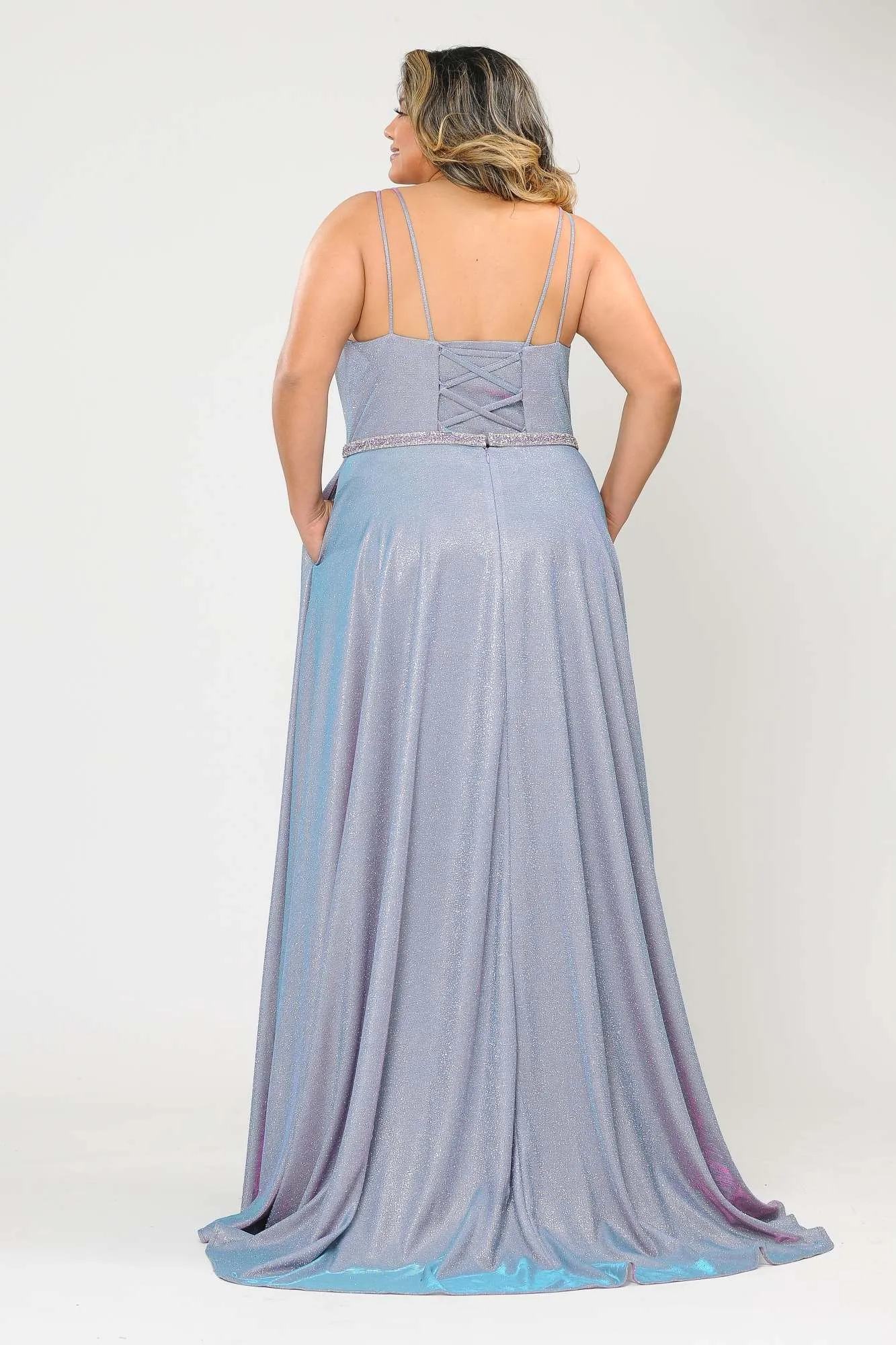 Lindas W1048 Deep Illusion V-Neck Floor Length Iridescent Dress