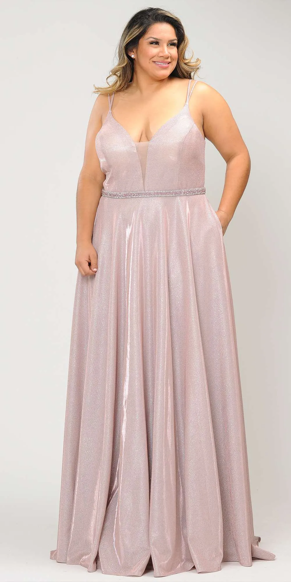 Lindas W1048 Deep Illusion V-Neck Floor Length Iridescent Dress