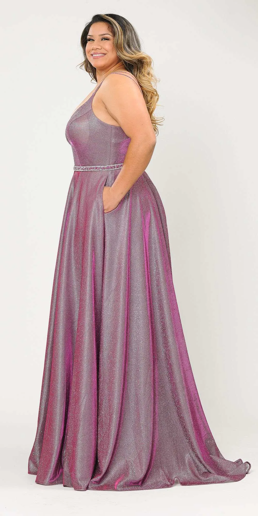 Lindas W1048 Deep Illusion V-Neck Floor Length Iridescent Dress