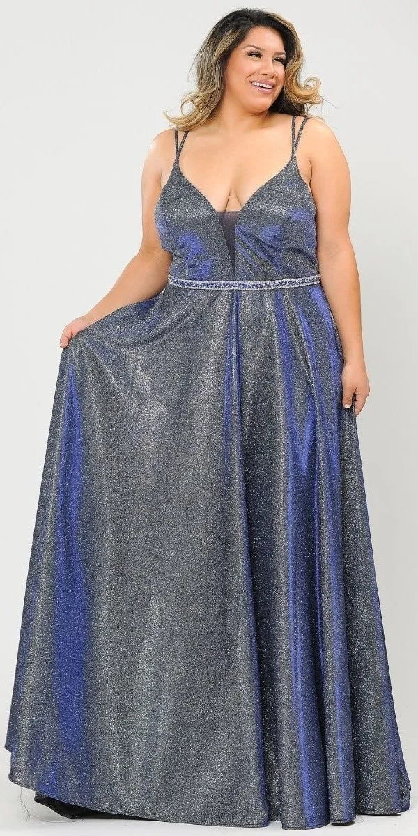 Lindas W1048 Deep Illusion V-Neck Floor Length Iridescent Dress