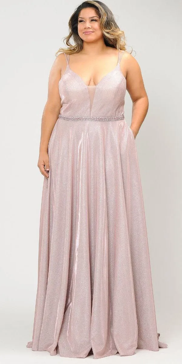 Lindas W1048 Deep Illusion V-Neck Floor Length Iridescent Dress