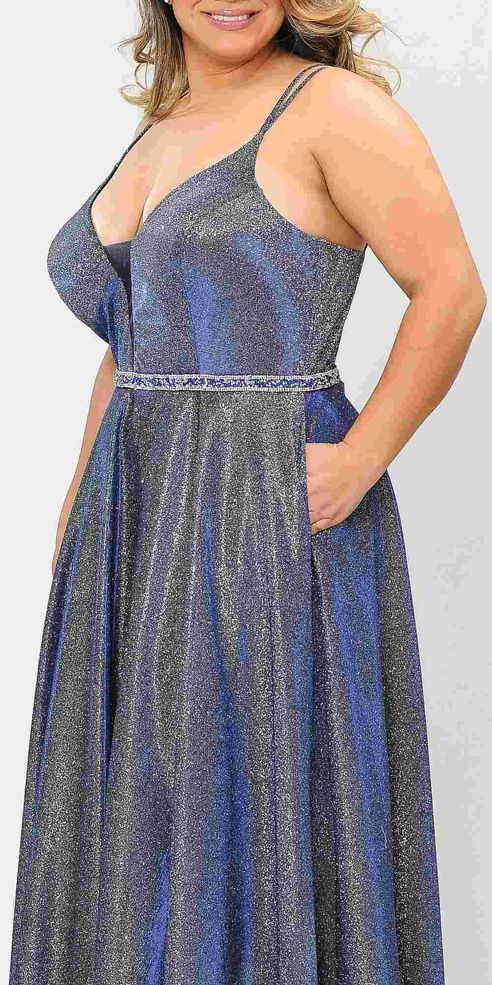 Lindas W1048 Deep Illusion V-Neck Floor Length Iridescent Dress