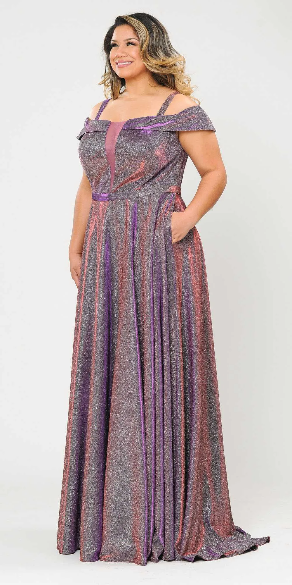 Lindas W1060 Off the Shoulder V-Neck Iridescent Glitter Two Tone Plus Size Dress