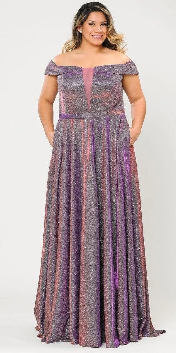 Lindas W1060 Off the Shoulder V-Neck Iridescent Glitter Two Tone Plus Size Dress