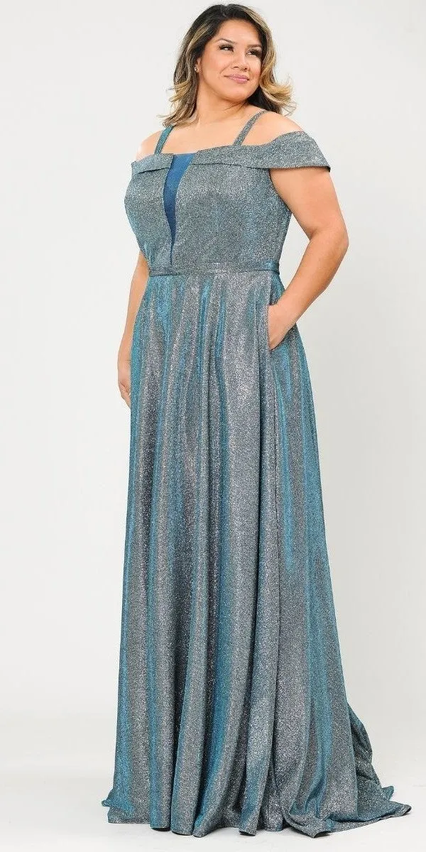 Lindas W1060 Off the Shoulder V-Neck Iridescent Glitter Two Tone Plus Size Dress