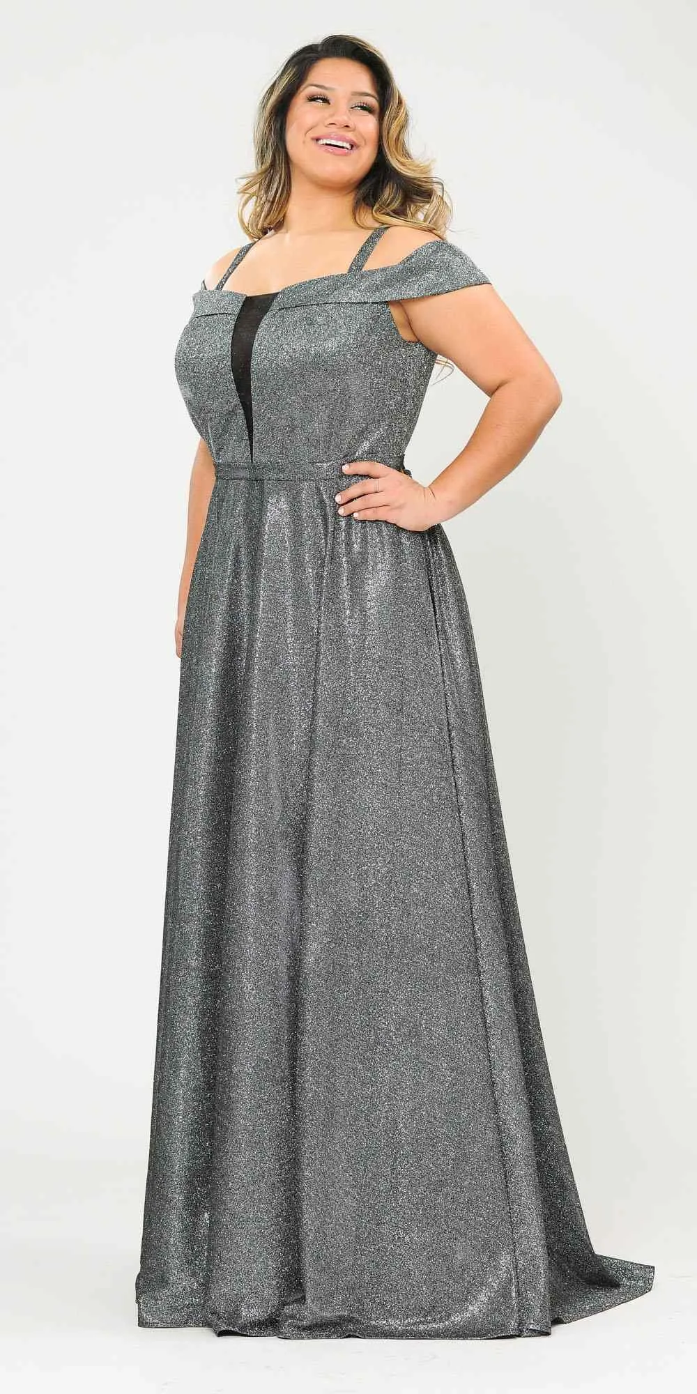 Lindas W1060 Off the Shoulder V-Neck Iridescent Glitter Two Tone Plus Size Dress