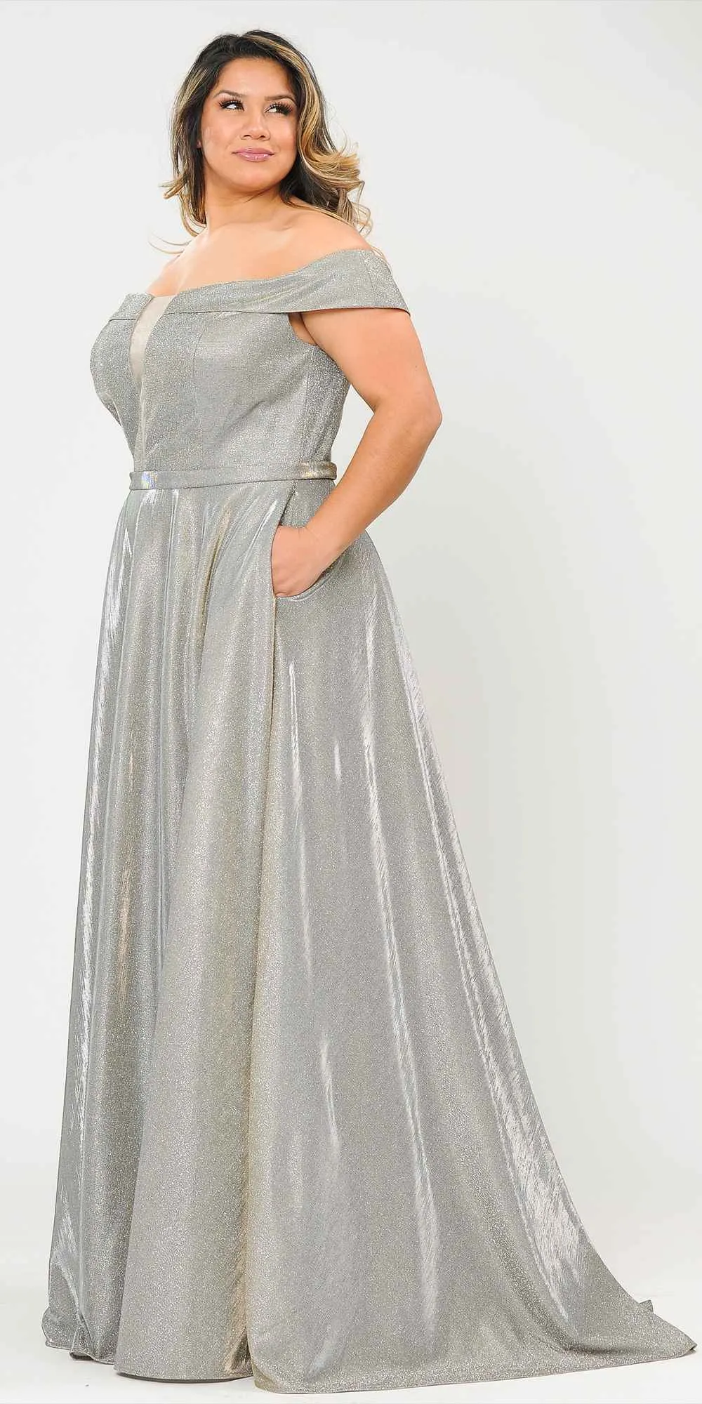 Lindas W1060 Off the Shoulder V-Neck Iridescent Glitter Two Tone Plus Size Dress