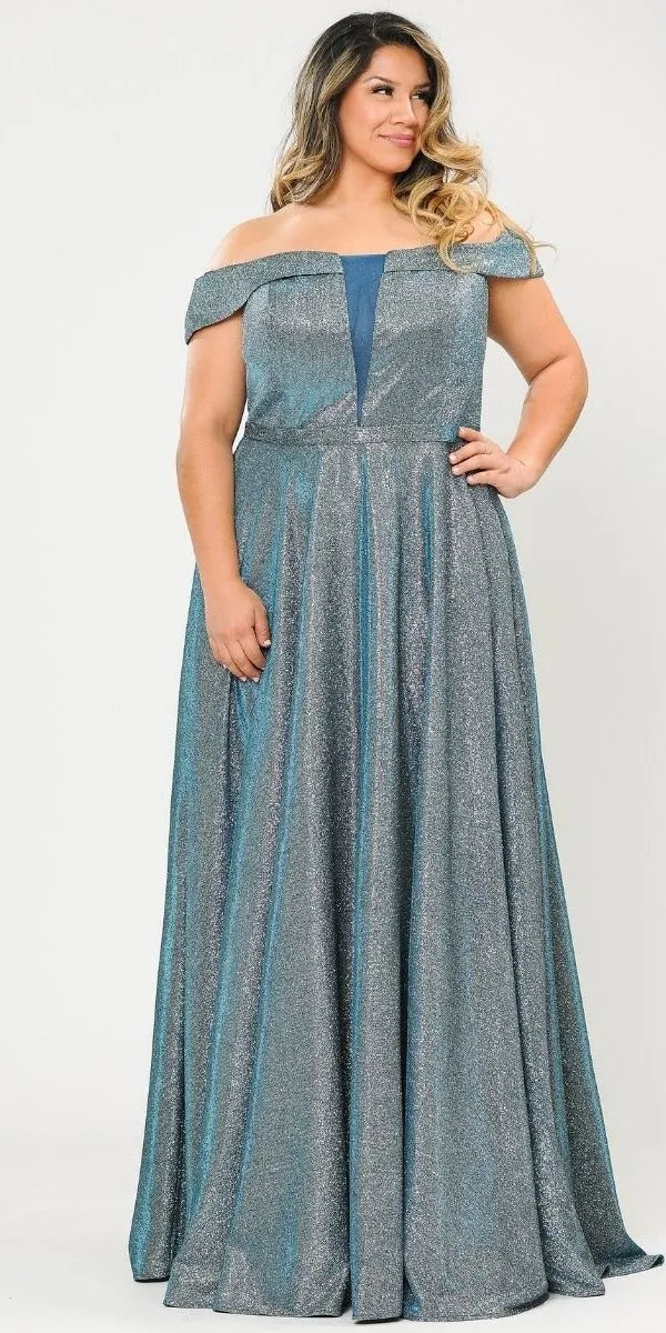 Lindas W1060 Off the Shoulder V-Neck Iridescent Glitter Two Tone Plus Size Dress