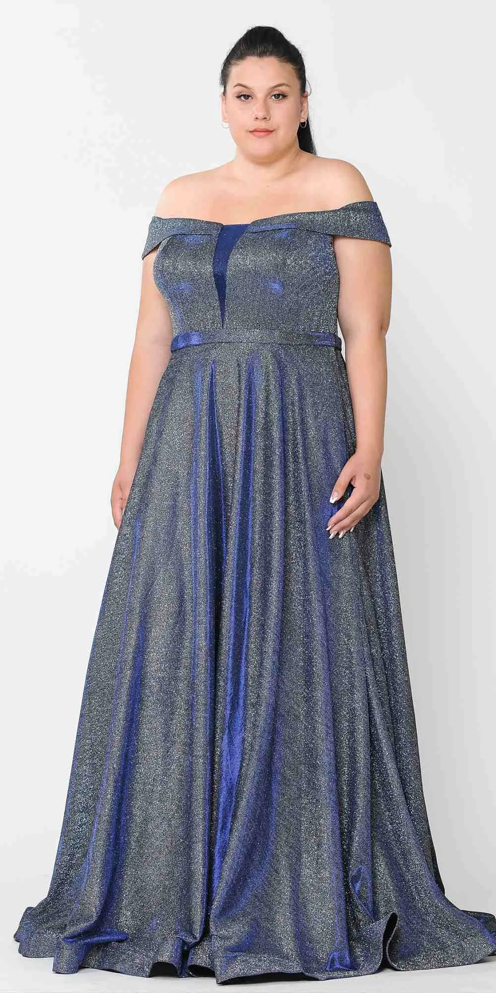 Lindas W1060 Off the Shoulder V-Neck Iridescent Glitter Two Tone Plus Size Dress
