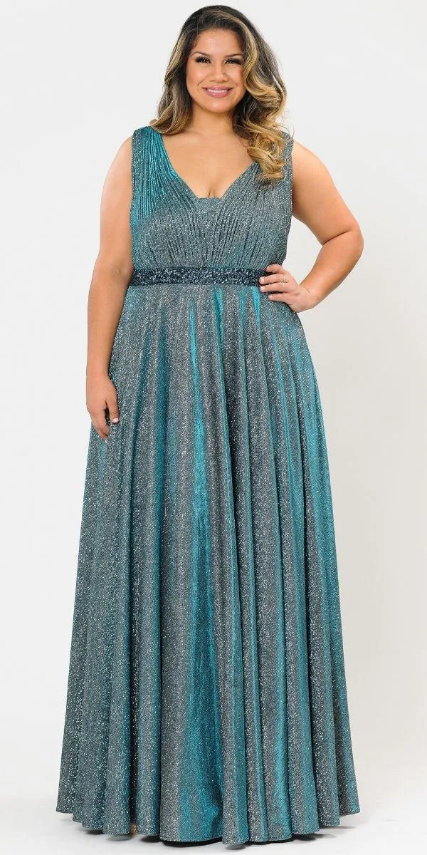 Lindas W1082 Floor Length Glitter Knit Pleated Bodice V-Neck Pus Size Dress