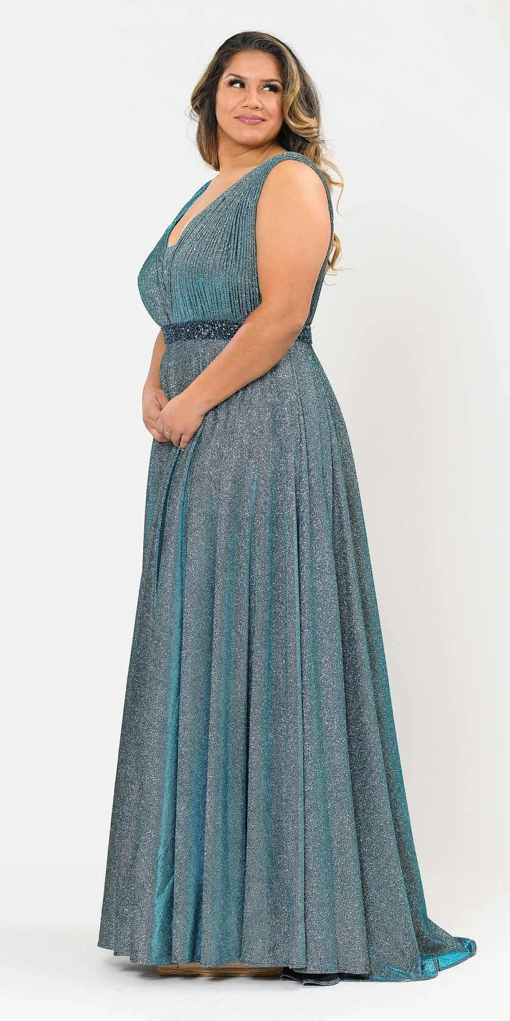 Lindas W1082 Floor Length Glitter Knit Pleated Bodice V-Neck Pus Size Dress