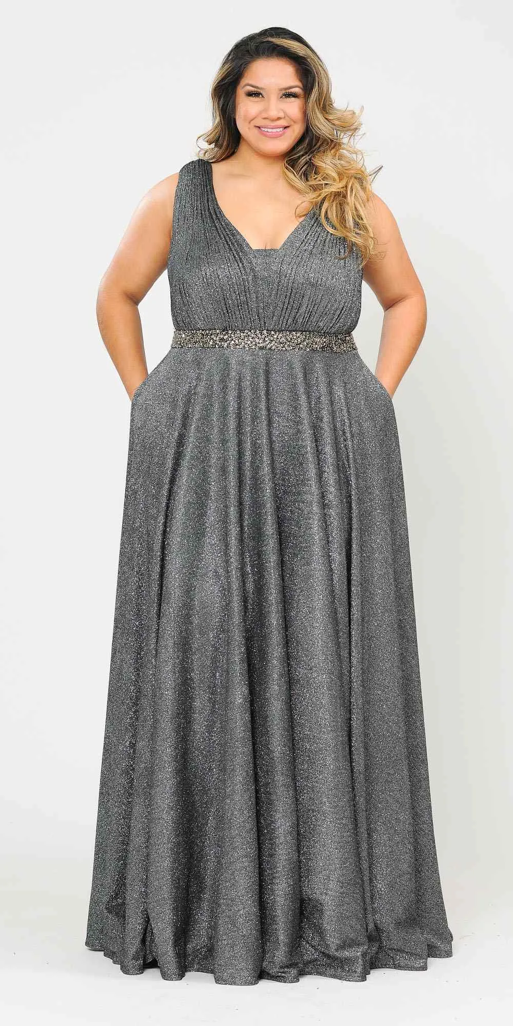 Lindas W1082 Floor Length Glitter Knit Pleated Bodice V-Neck Pus Size Dress