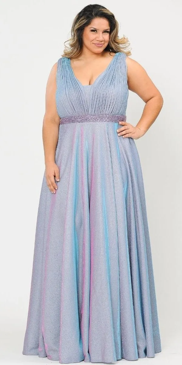 Lindas W1082 Floor Length Glitter Knit Pleated Bodice V-Neck Pus Size Dress