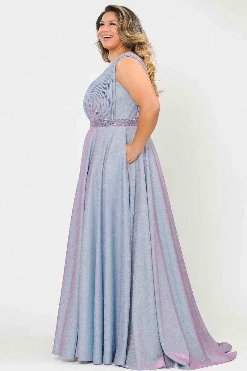 Lindas W1082 Floor Length Glitter Knit Pleated Bodice V-Neck Pus Size Dress