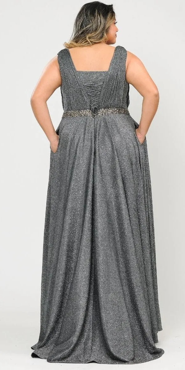 Lindas W1082 Floor Length Glitter Knit Pleated Bodice V-Neck Pus Size Dress