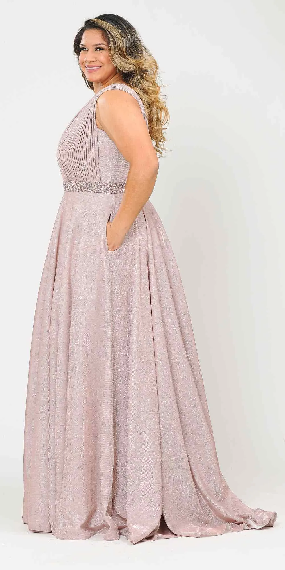 Lindas W1082 Floor Length Glitter Knit Pleated Bodice V-Neck Pus Size Dress