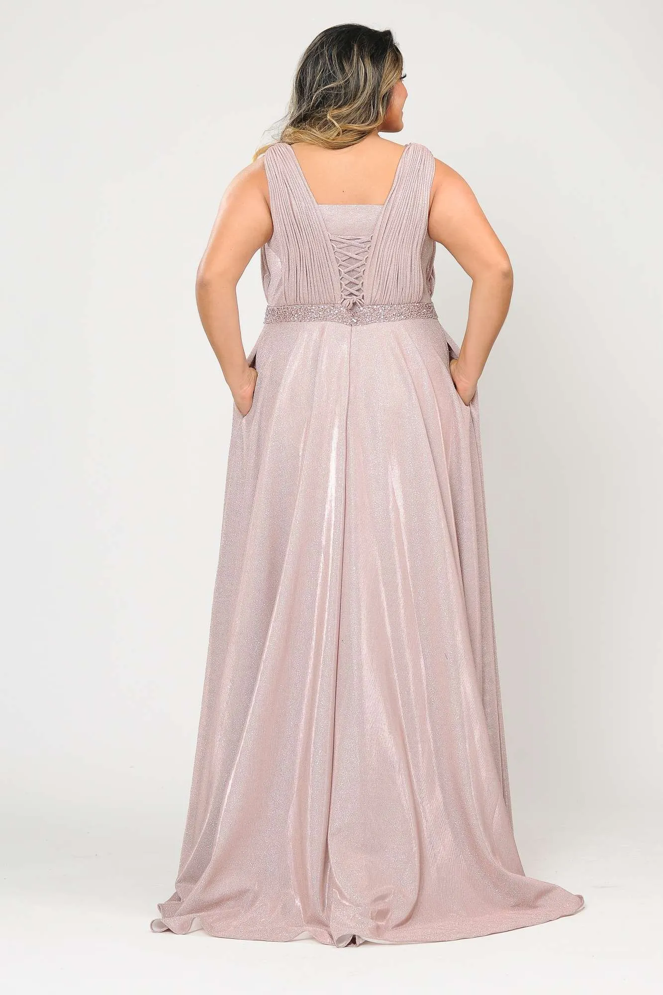 Lindas W1082 Floor Length Glitter Knit Pleated Bodice V-Neck Pus Size Dress