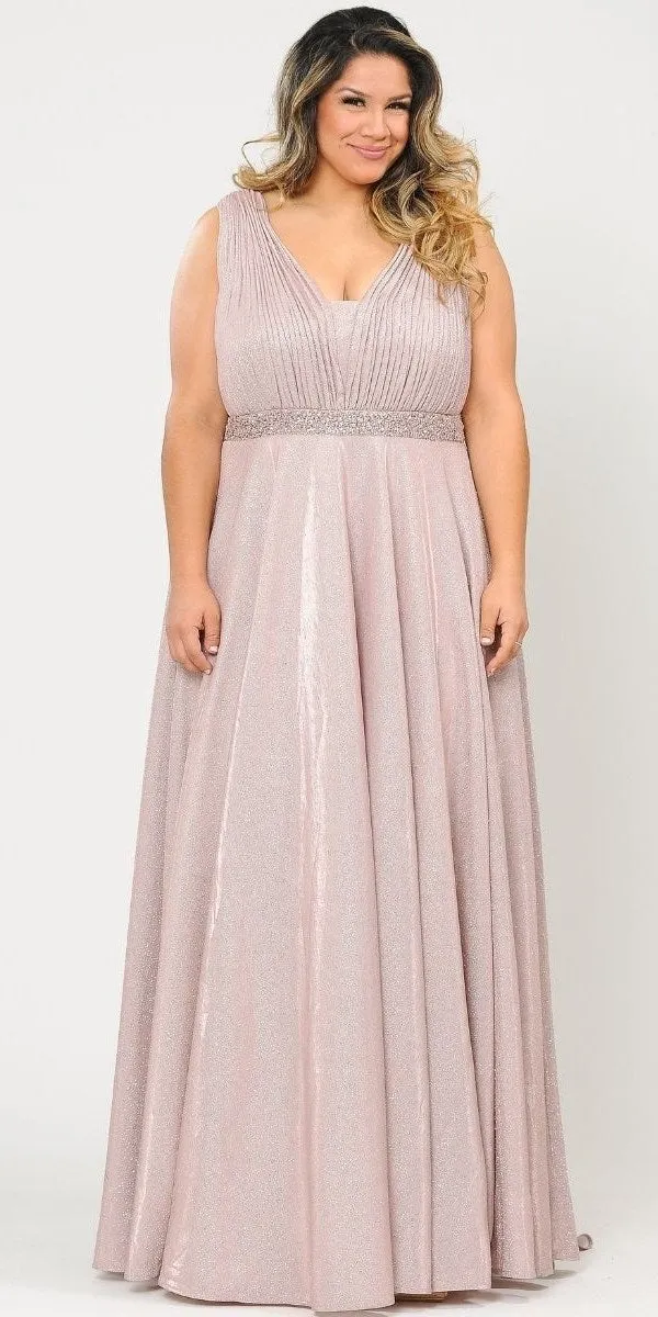 Lindas W1082 Floor Length Glitter Knit Pleated Bodice V-Neck Pus Size Dress