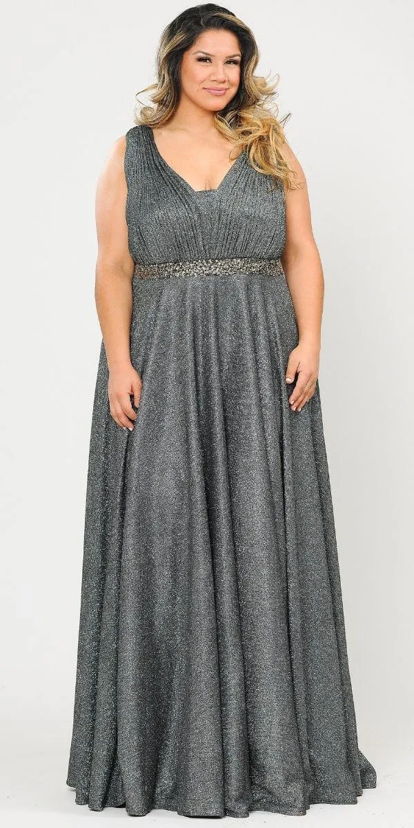 Lindas W1082 Floor Length Glitter Knit Pleated Bodice V-Neck Pus Size Dress