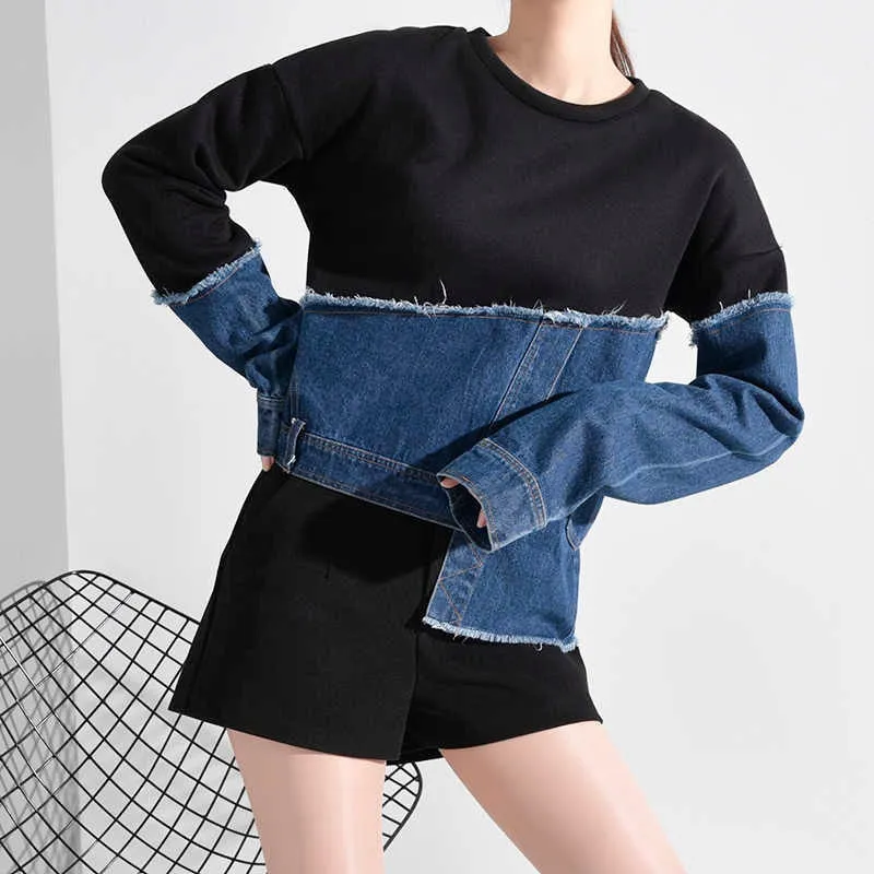 Split Fabric Black Jersey & Denim Asymmetrical Long Sleeve Top