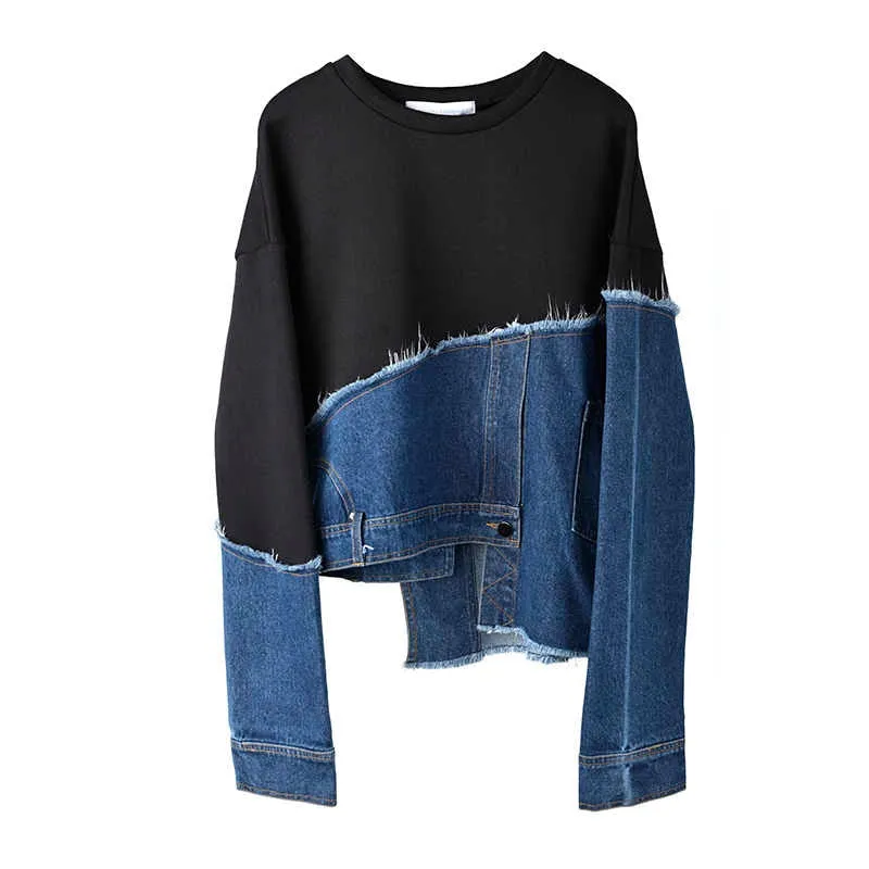 Split Fabric Black Jersey & Denim Asymmetrical Long Sleeve Top