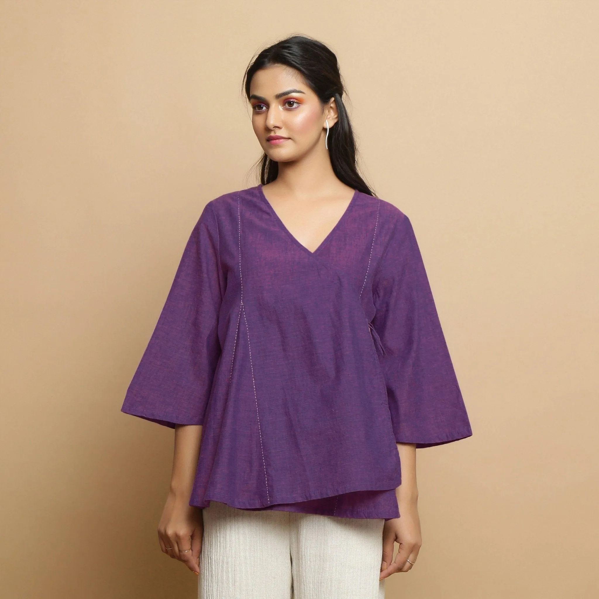 Violet Handspun Cotton V-Neck Wrap Godet Top