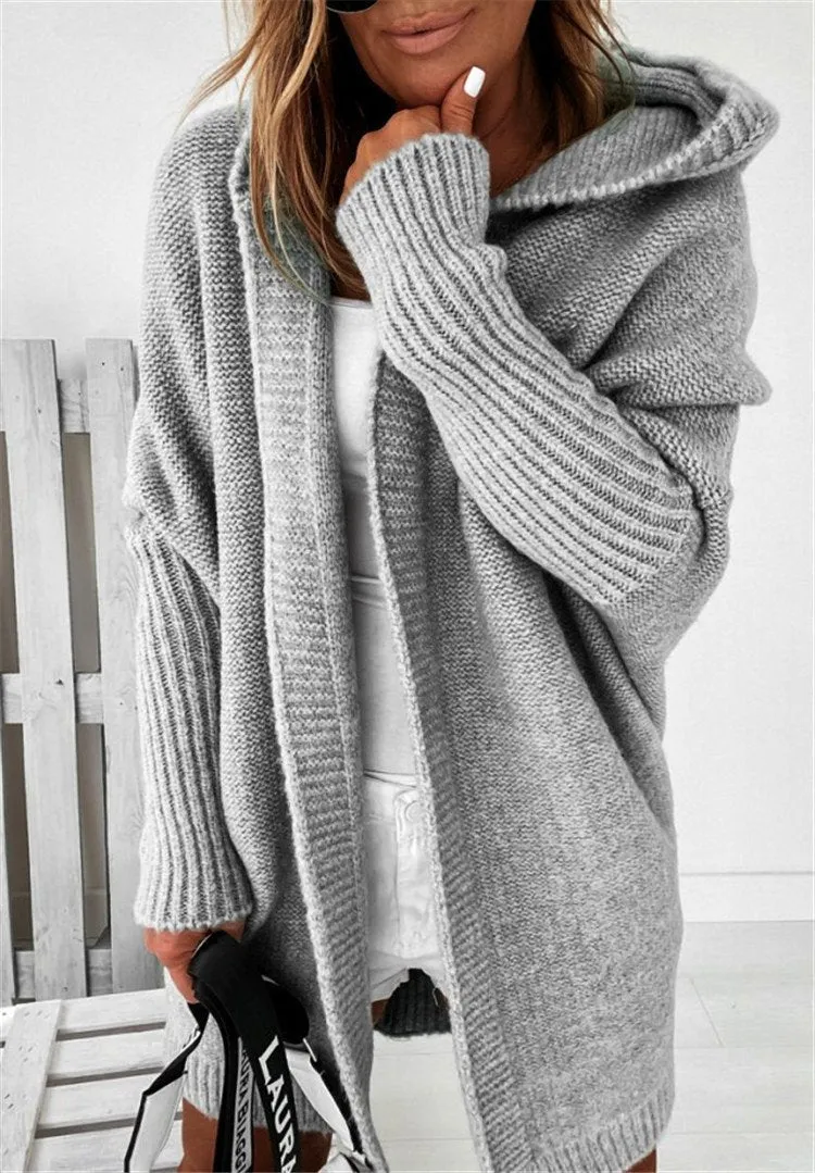 Women Knitting Batwing Sleeved Hoody Sweaters