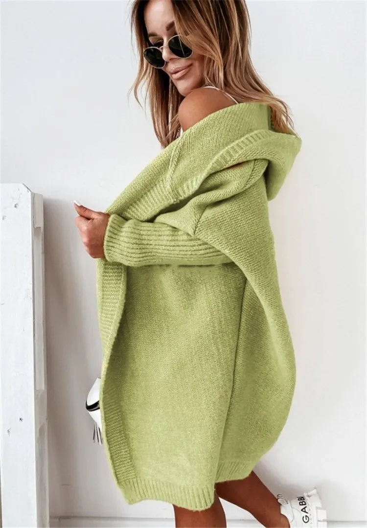 Women Knitting Batwing Sleeved Hoody Sweaters