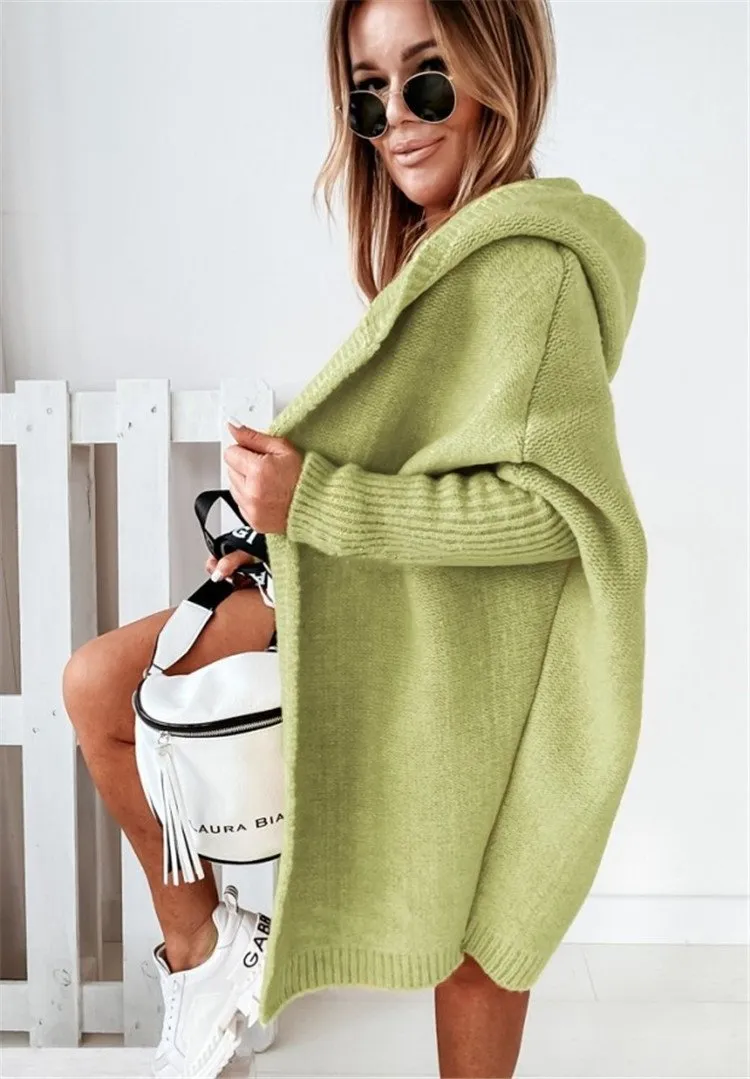 Women Knitting Batwing Sleeved Hoody Sweaters