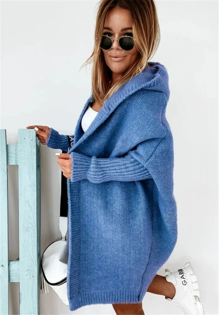 Women Knitting Batwing Sleeved Hoody Sweaters