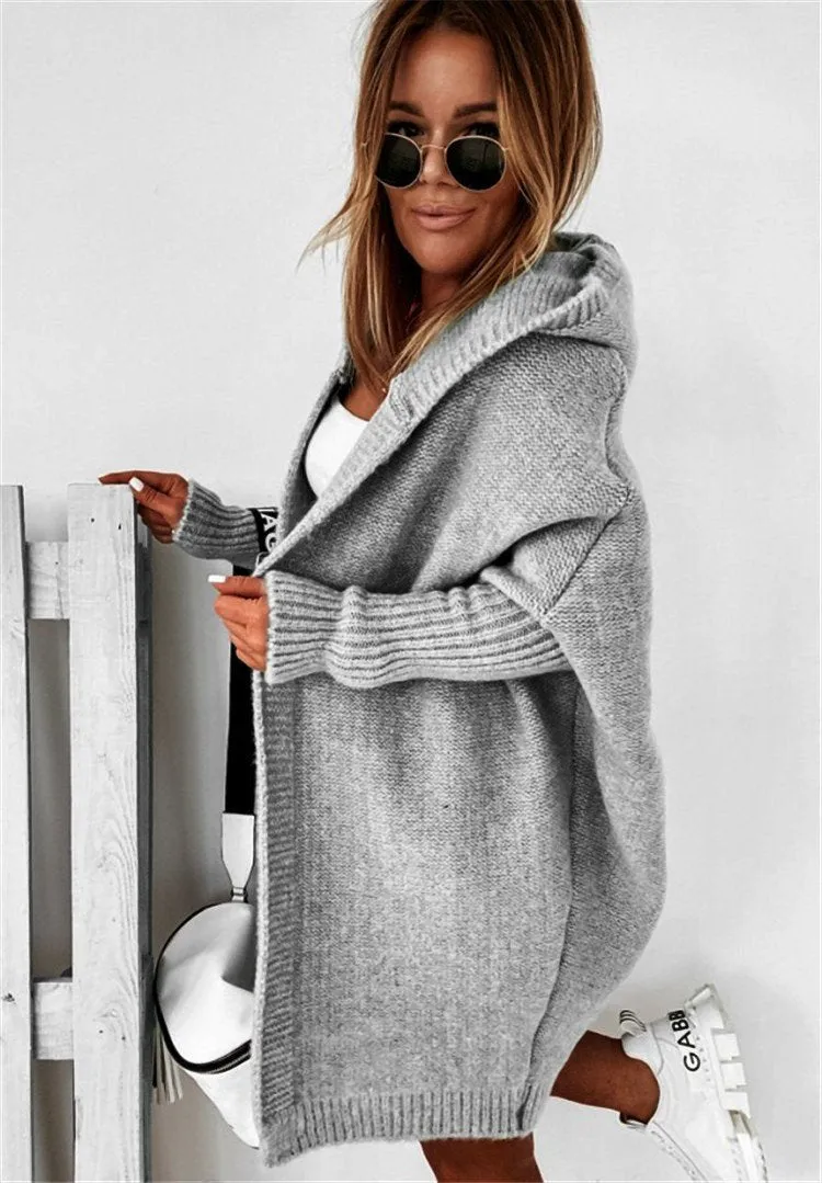 Women Knitting Batwing Sleeved Hoody Sweaters