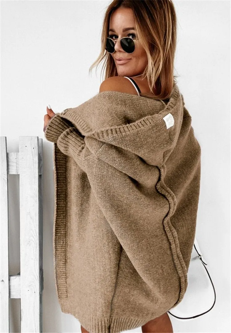 Women Knitting Batwing Sleeved Hoody Sweaters
