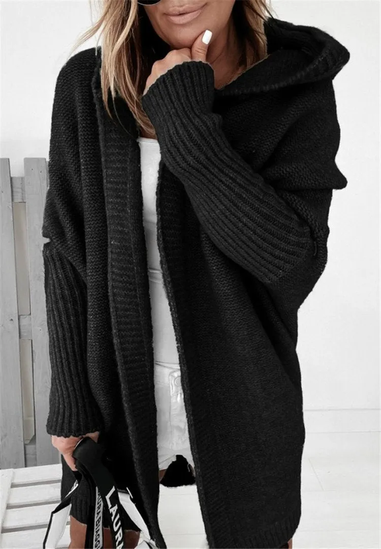 Women Knitting Batwing Sleeved Hoody Sweaters