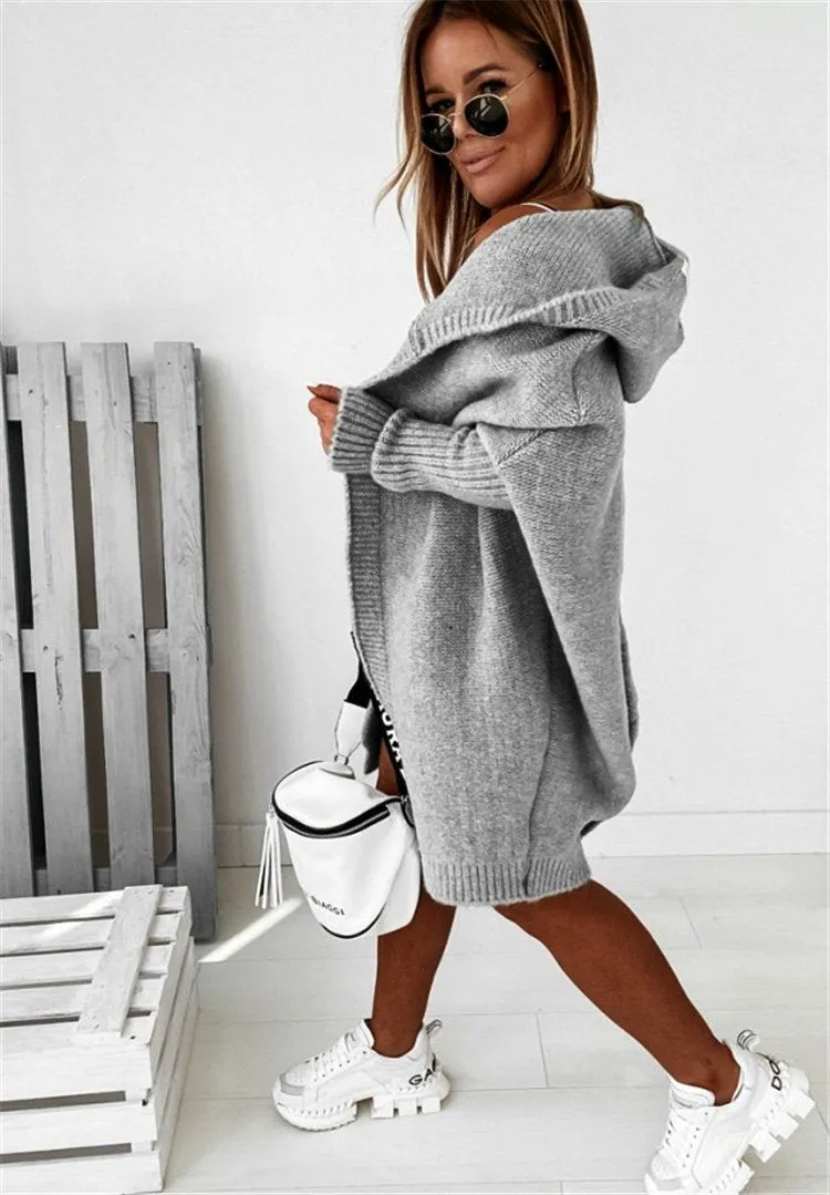 Women Knitting Batwing Sleeved Hoody Sweaters