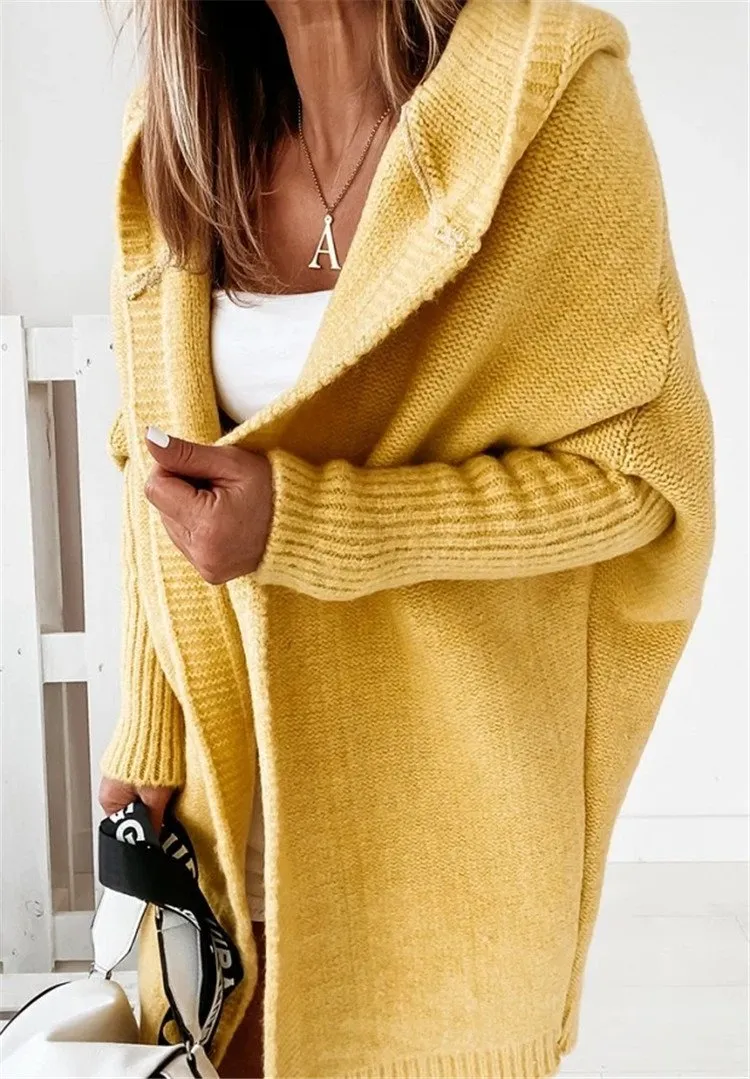 Women Knitting Batwing Sleeved Hoody Sweaters