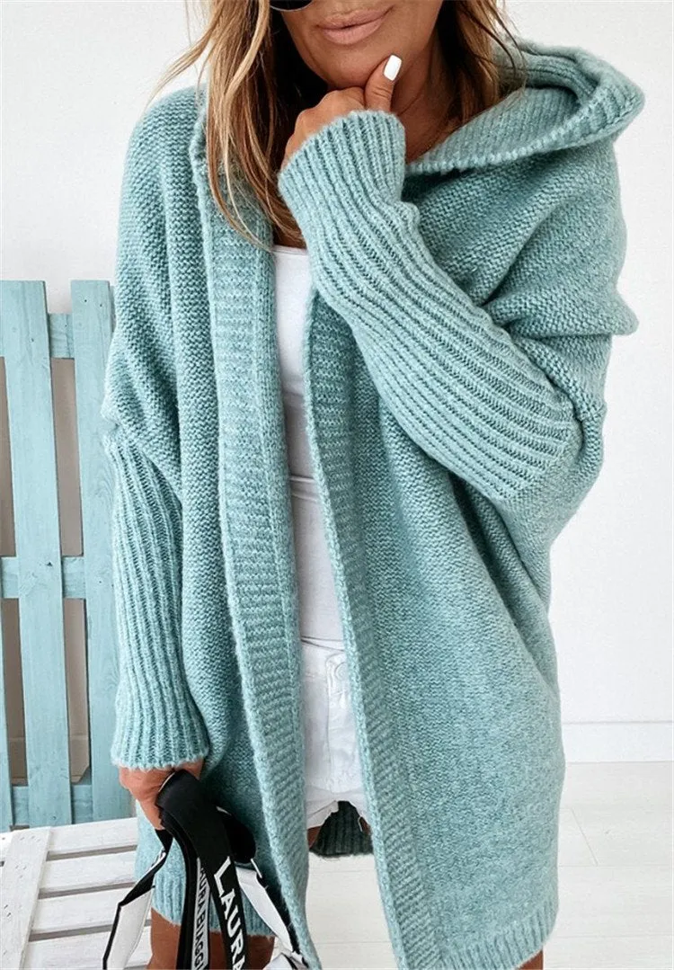 Women Knitting Batwing Sleeved Hoody Sweaters