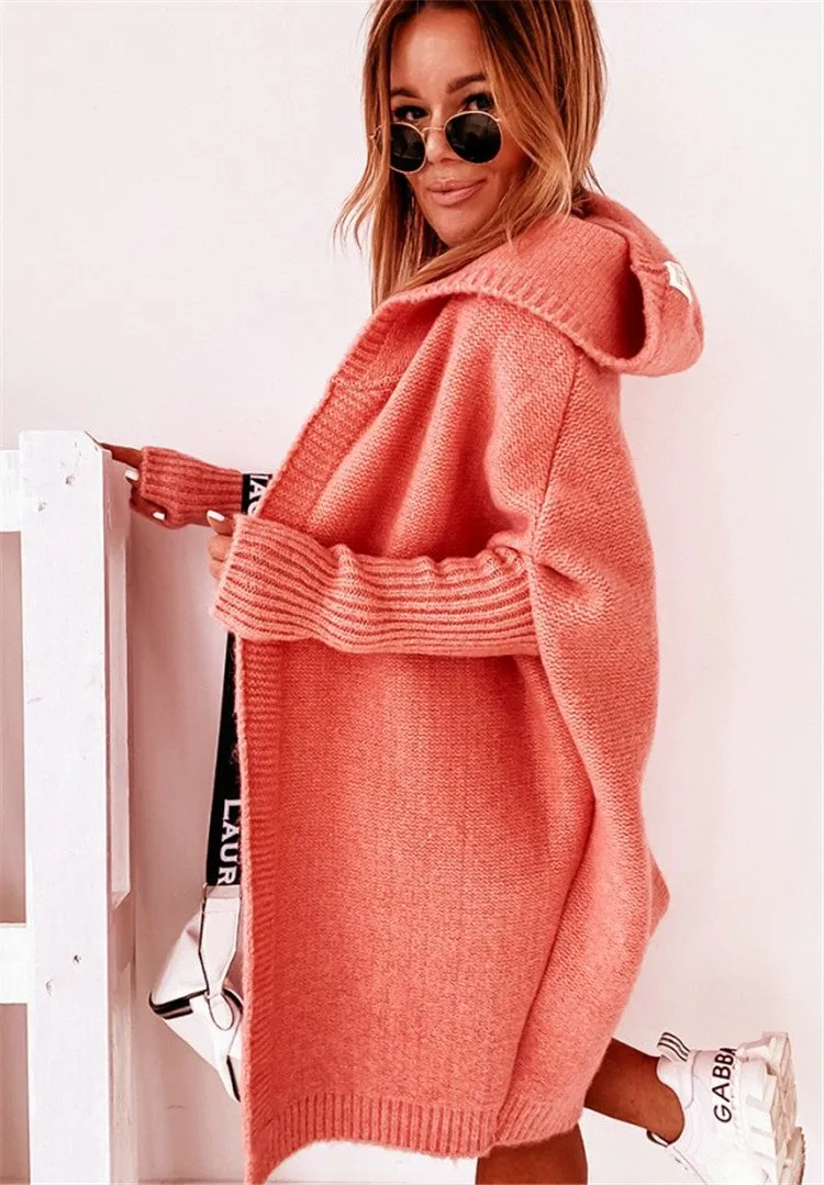Women Knitting Batwing Sleeved Hoody Sweaters