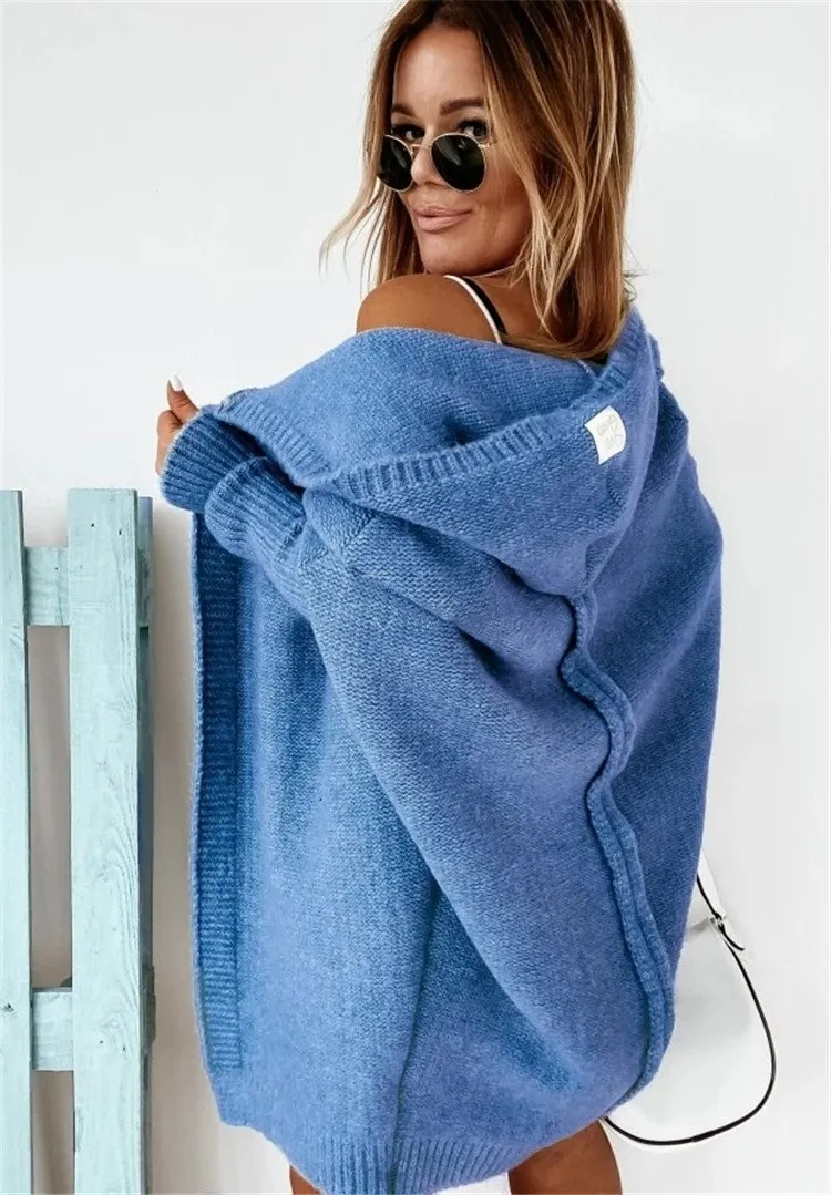 Women Knitting Batwing Sleeved Hoody Sweaters