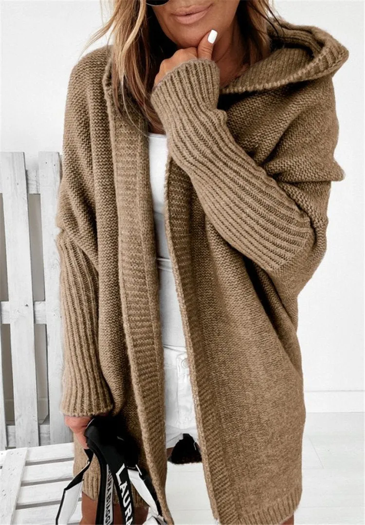 Women Knitting Batwing Sleeved Hoody Sweaters